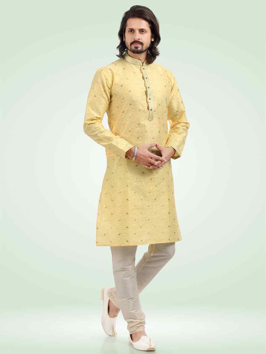 Yellow Jacquard Banarasi Silk Woven Festival Party Kurta