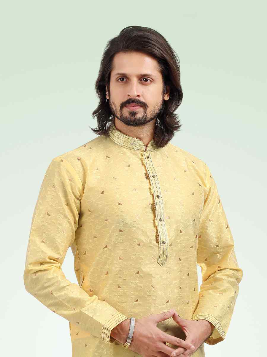 Yellow Jacquard Banarasi Silk Woven Festival Party Kurta