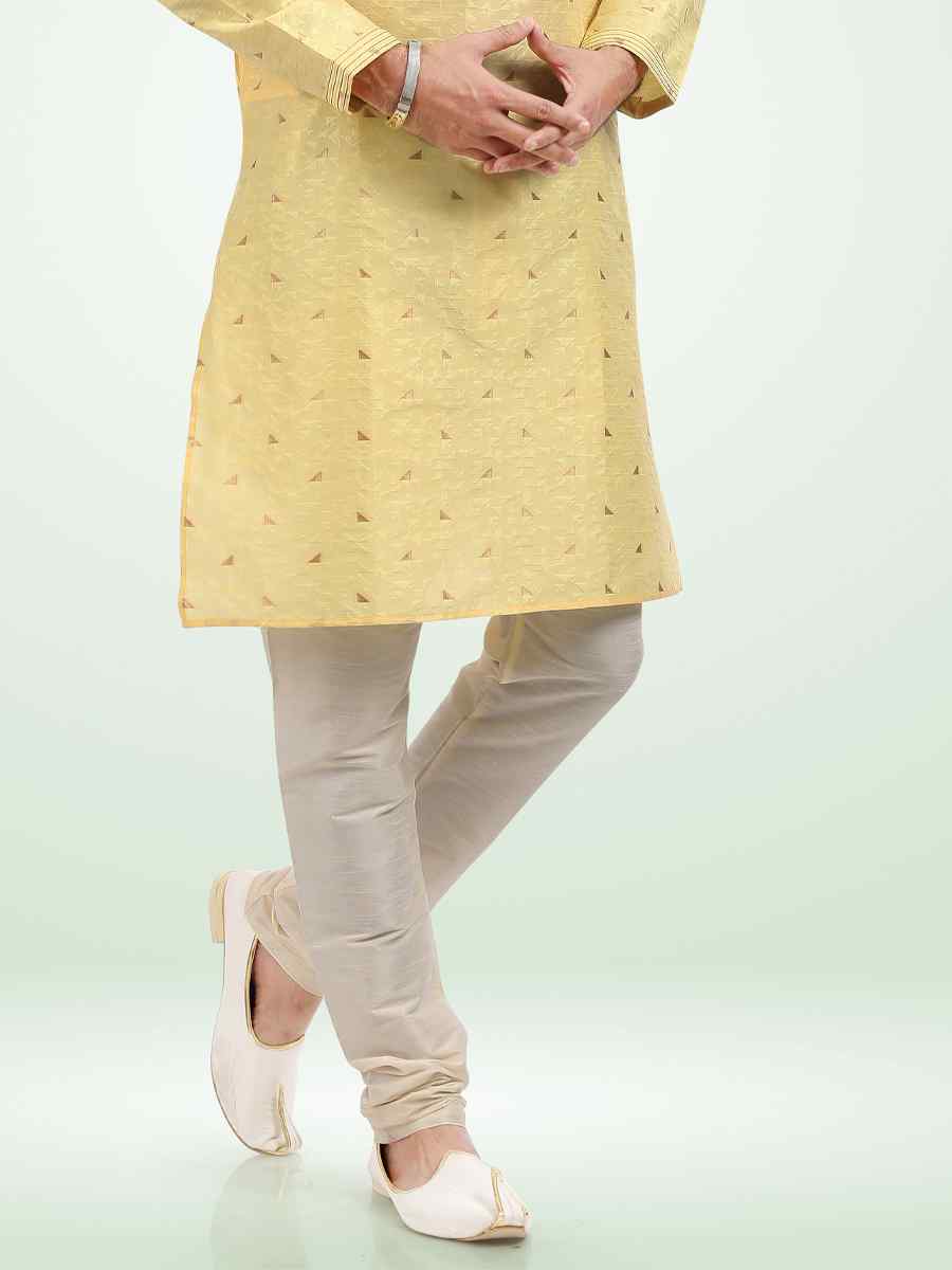 Yellow Jacquard Banarasi Silk Woven Festival Party Kurta