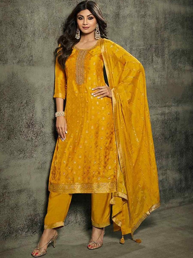 Yellow Jacquard Embroidered Festival Mehendi Pant Bollywood Style Salwar Kameez