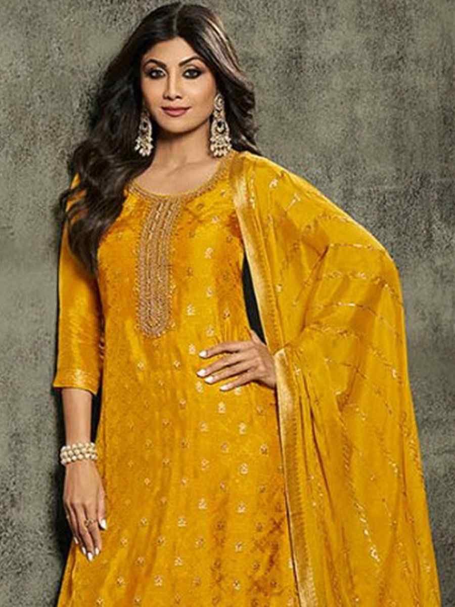 Yellow Jacquard Embroidered Festival Mehendi Pant Bollywood Style Salwar Kameez