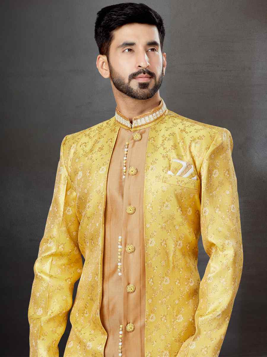 Yellow Jacquard Embroidered Festival Wedding Sherwani