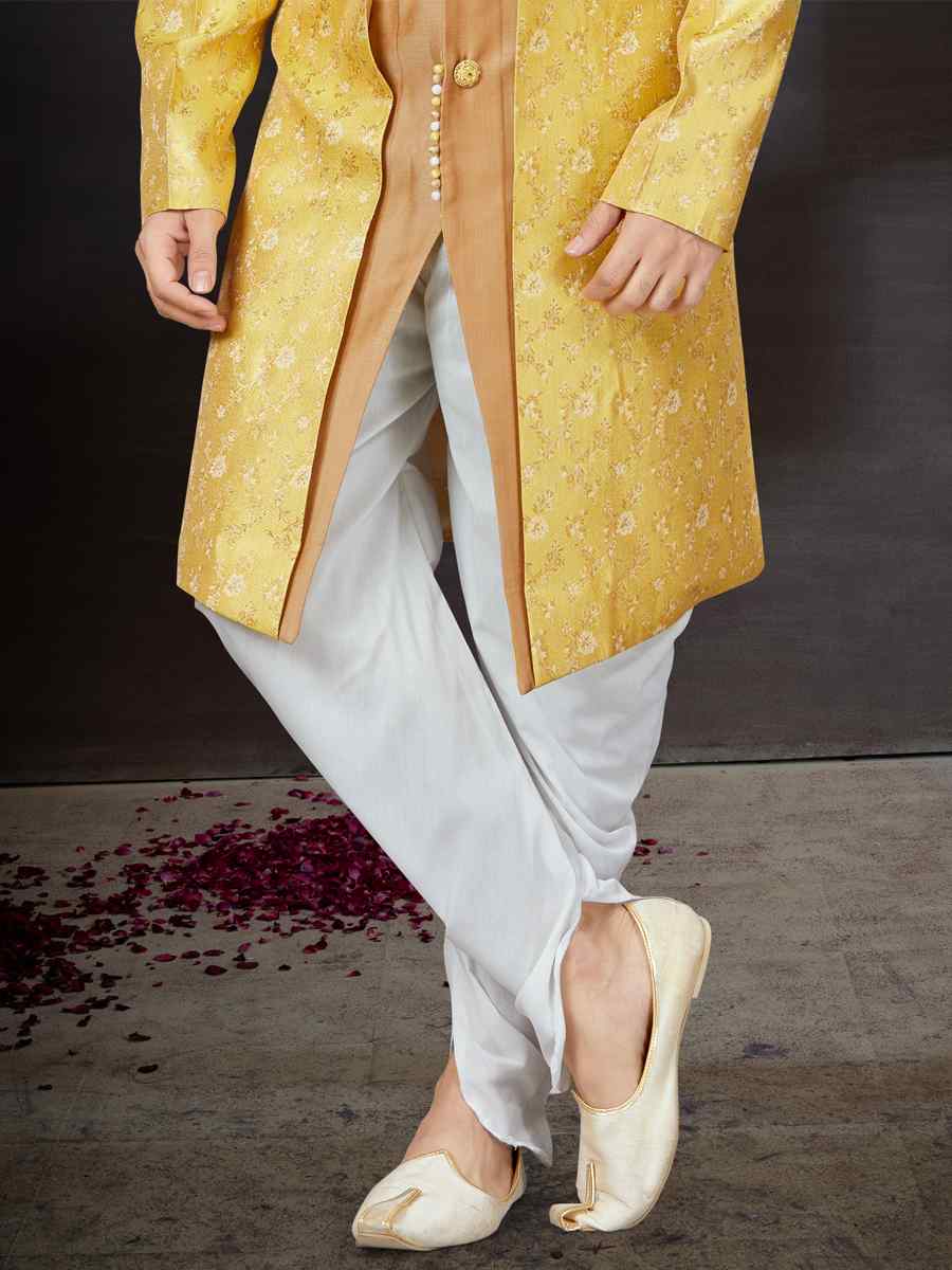Yellow Jacquard Embroidered Festival Wedding Sherwani