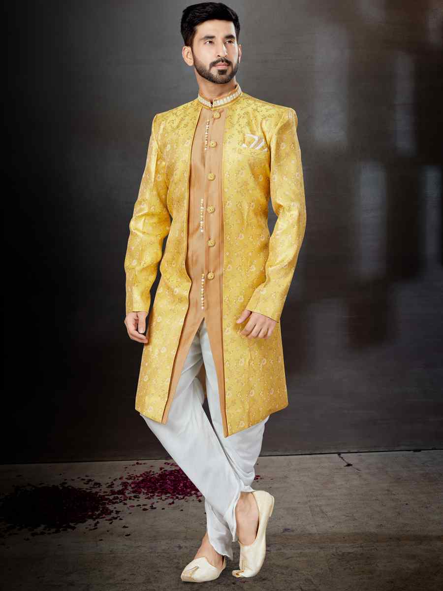 Yellow Jacquard Embroidered Festival Wedding Sherwani