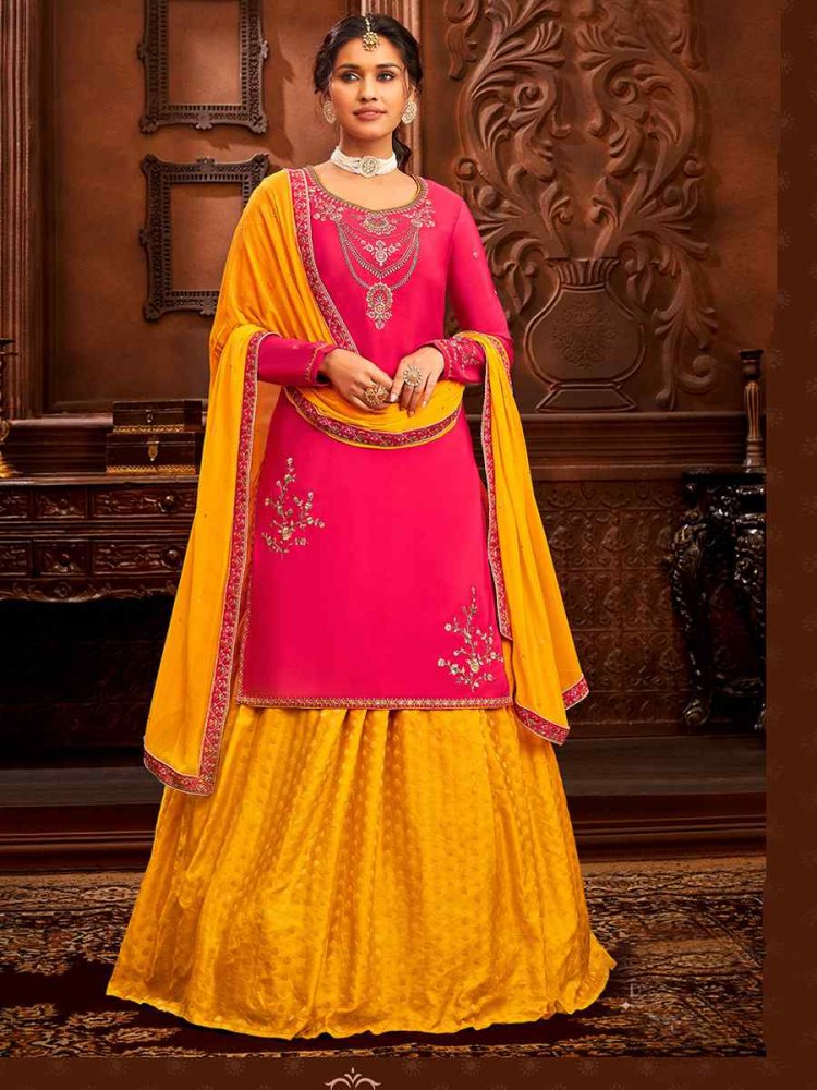 Yellow Jacquard Embroidered Wedding Mehendi Kurti Lehenga Choli