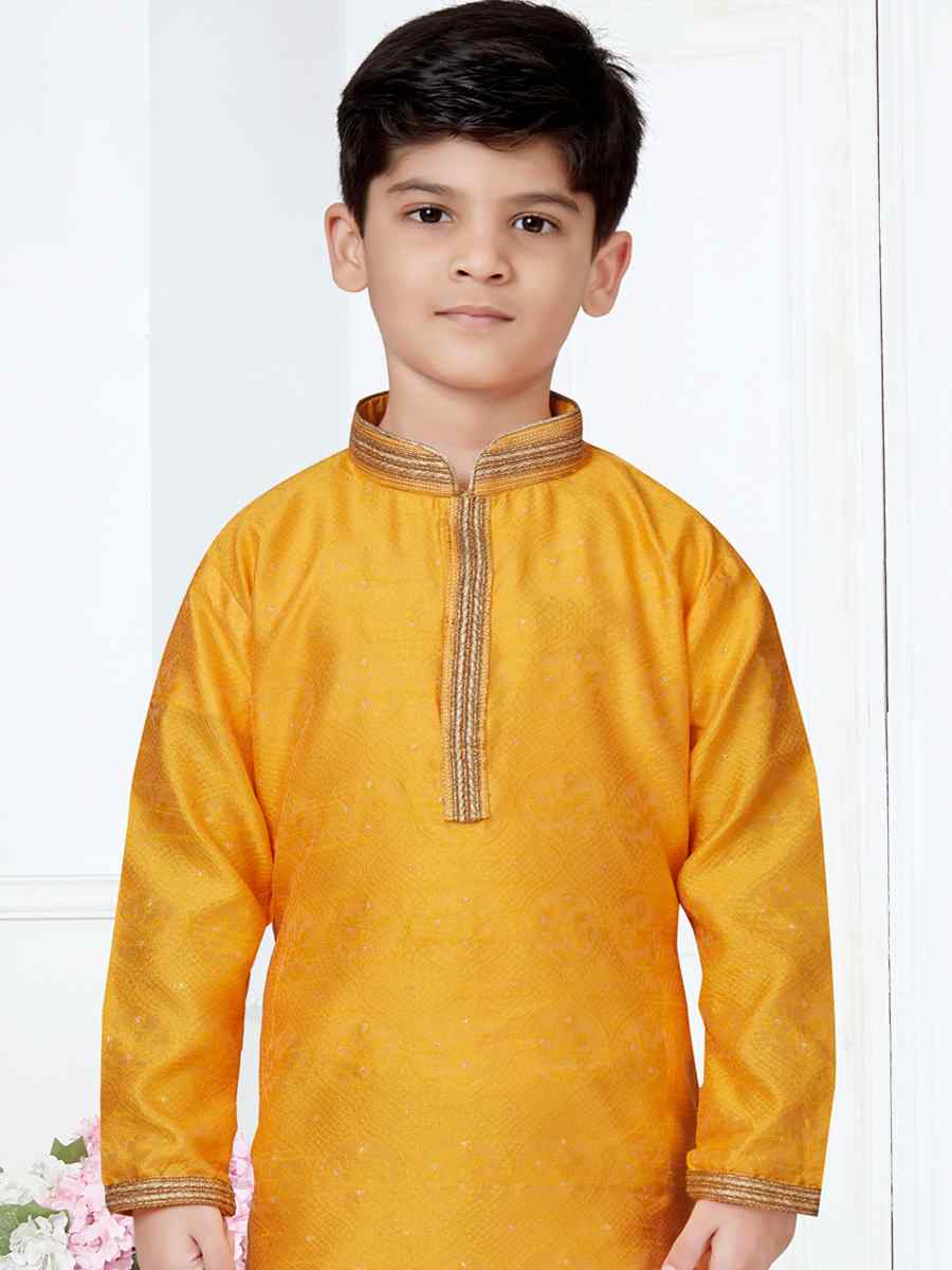 Yellow Jacquard Floral Party Festival Kurta Pyjama Boys Wear