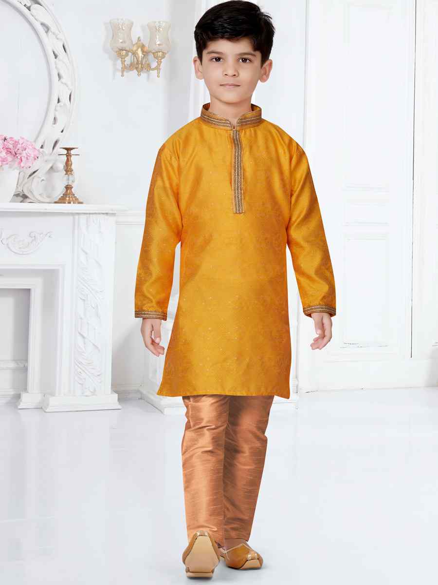 Yellow Jacquard Floral Party Festival Kurta Pyjama Boys Wear