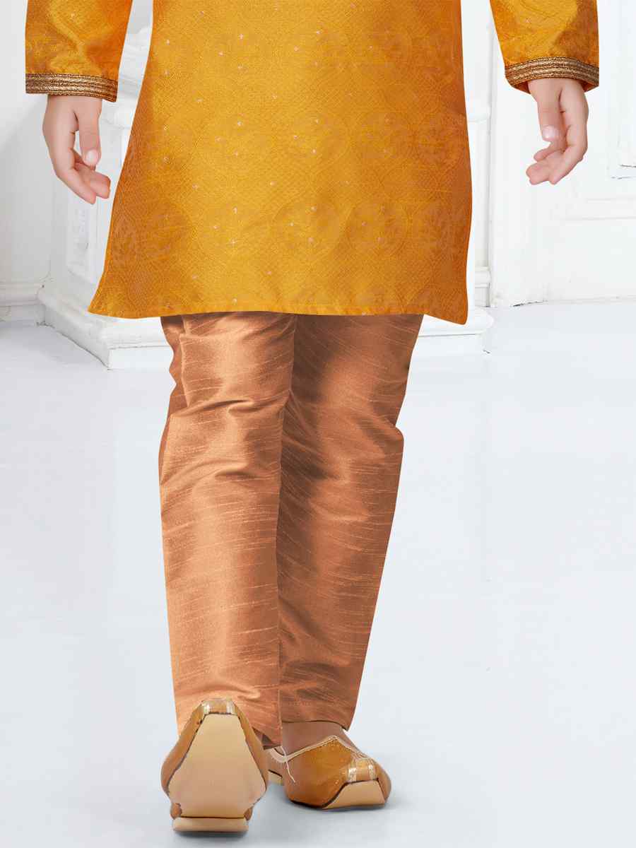 Yellow Jacquard Floral Party Festival Kurta Pyjama Boys Wear