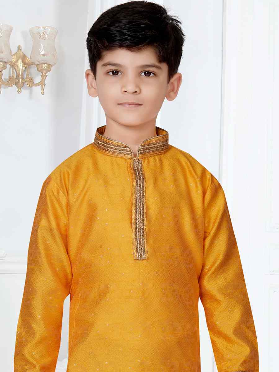 Yellow Jacquard Floral Party Festival Kurta Pyjama Boys Wear