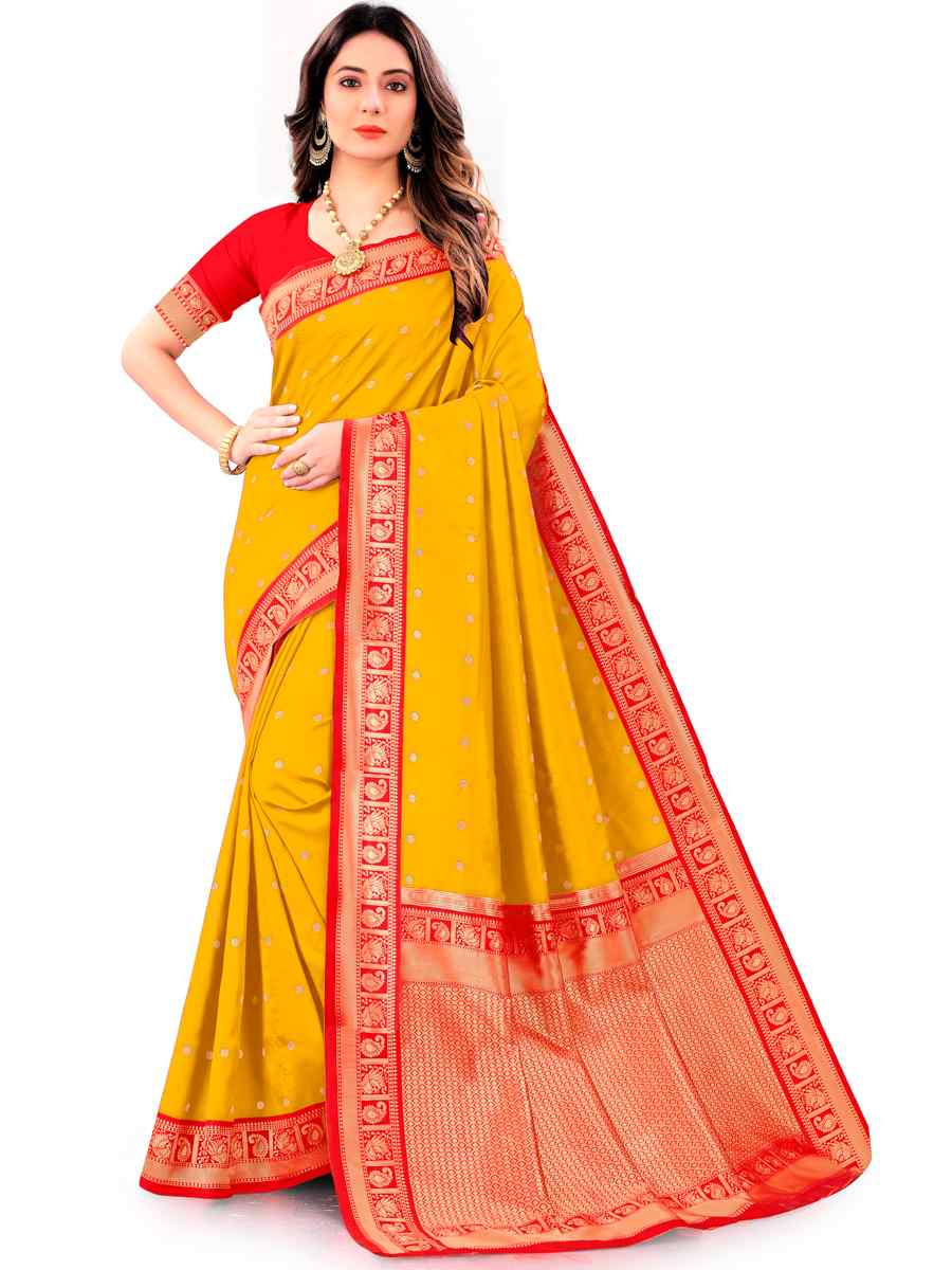 Yellow Jacquard Handwoven Wedding Festival Heavy Border Saree
