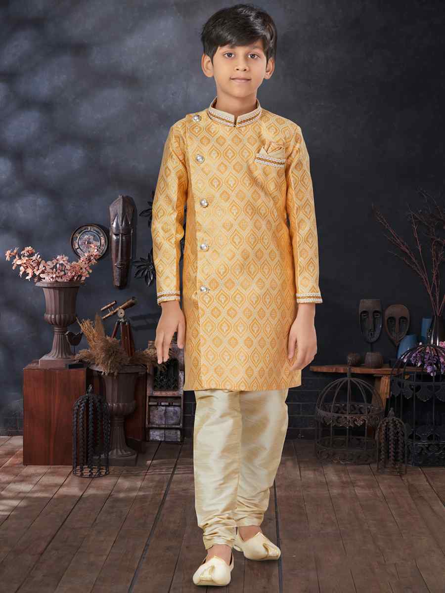 Yellow Jacquard Printed Traditional Party Kurta