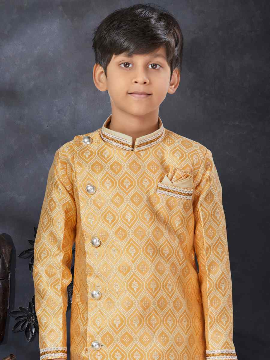 Yellow Jacquard Printed Traditional Party Kurta