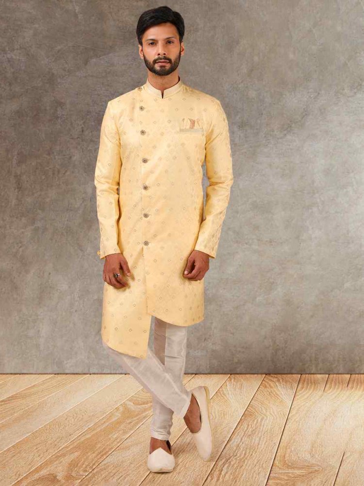 Yellow Jacquard Silk Brocade Cutwork Party Wedding Kurta