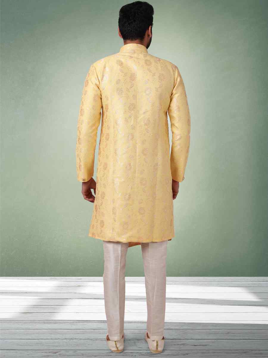 Yellow Jacquard Silk Brocade Plain Party Aligadhi Pant Sherwani