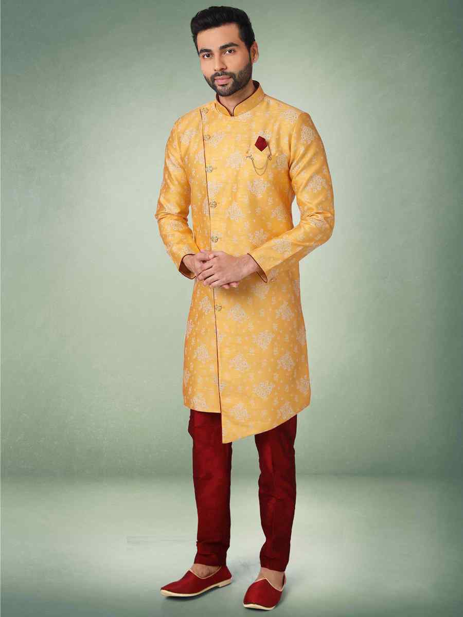 Yellow Jacquard Silk Brocade Plain Party Aligadhi Pant Sherwani