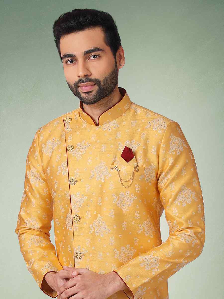 Yellow Jacquard Silk Brocade Plain Party Aligadhi Pant Sherwani
