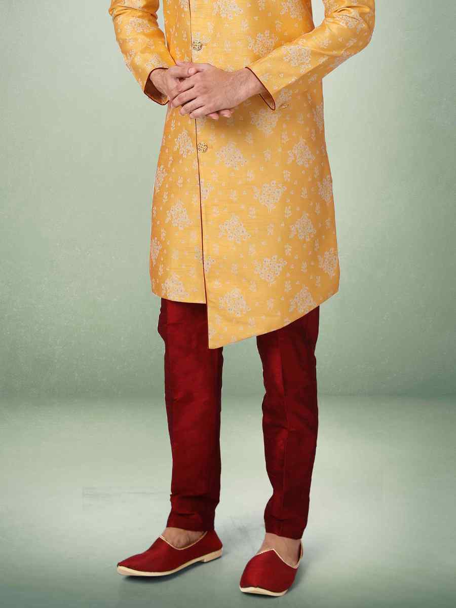 Yellow Jacquard Silk Brocade Plain Party Aligadhi Pant Sherwani