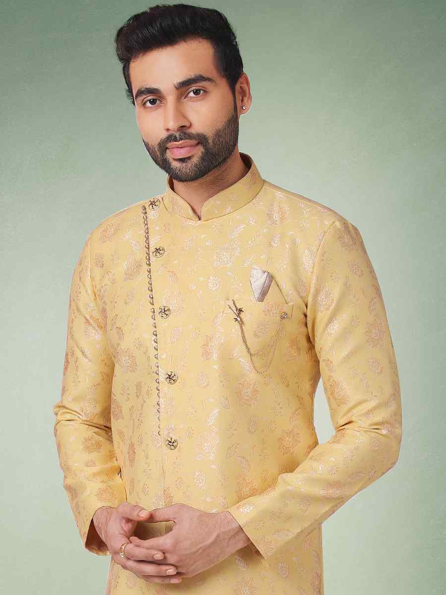 Yellow Jacquard Silk Brocade Plain Party Aligadhi Pant Sherwani