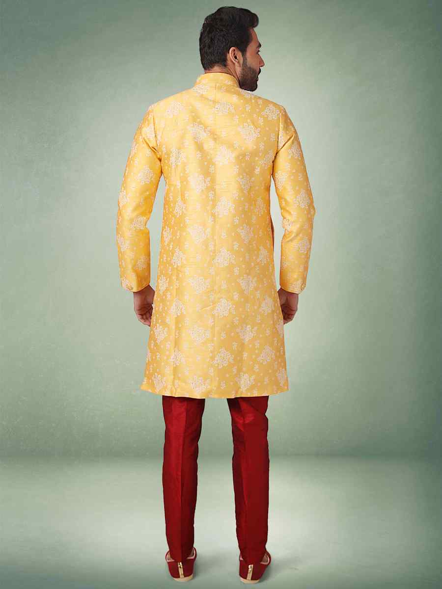 Yellow Jacquard Silk Brocade Plain Party Aligadhi Pant Sherwani