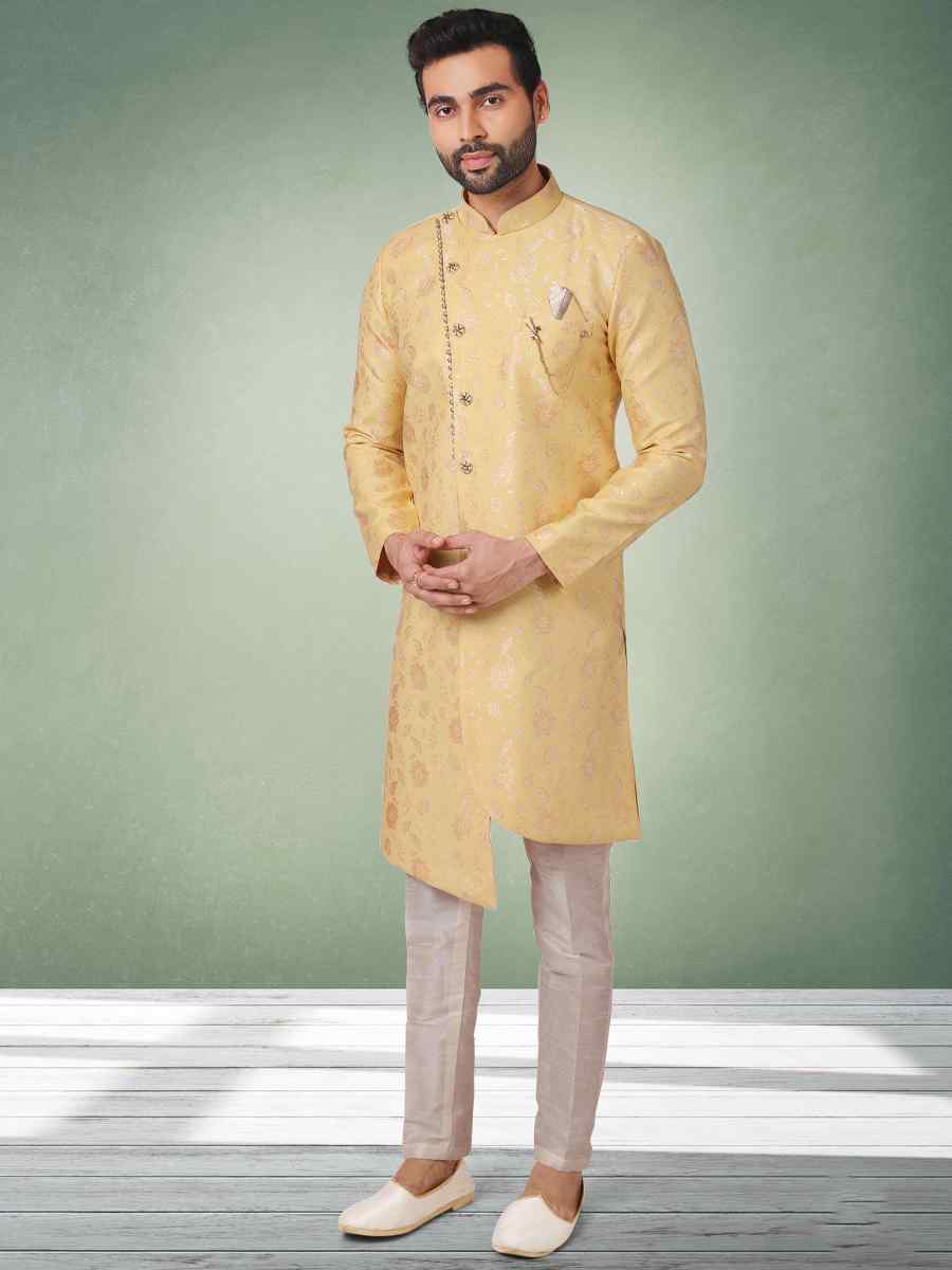 Yellow Jacquard Silk Brocade Plain Party Aligadhi Pant Sherwani