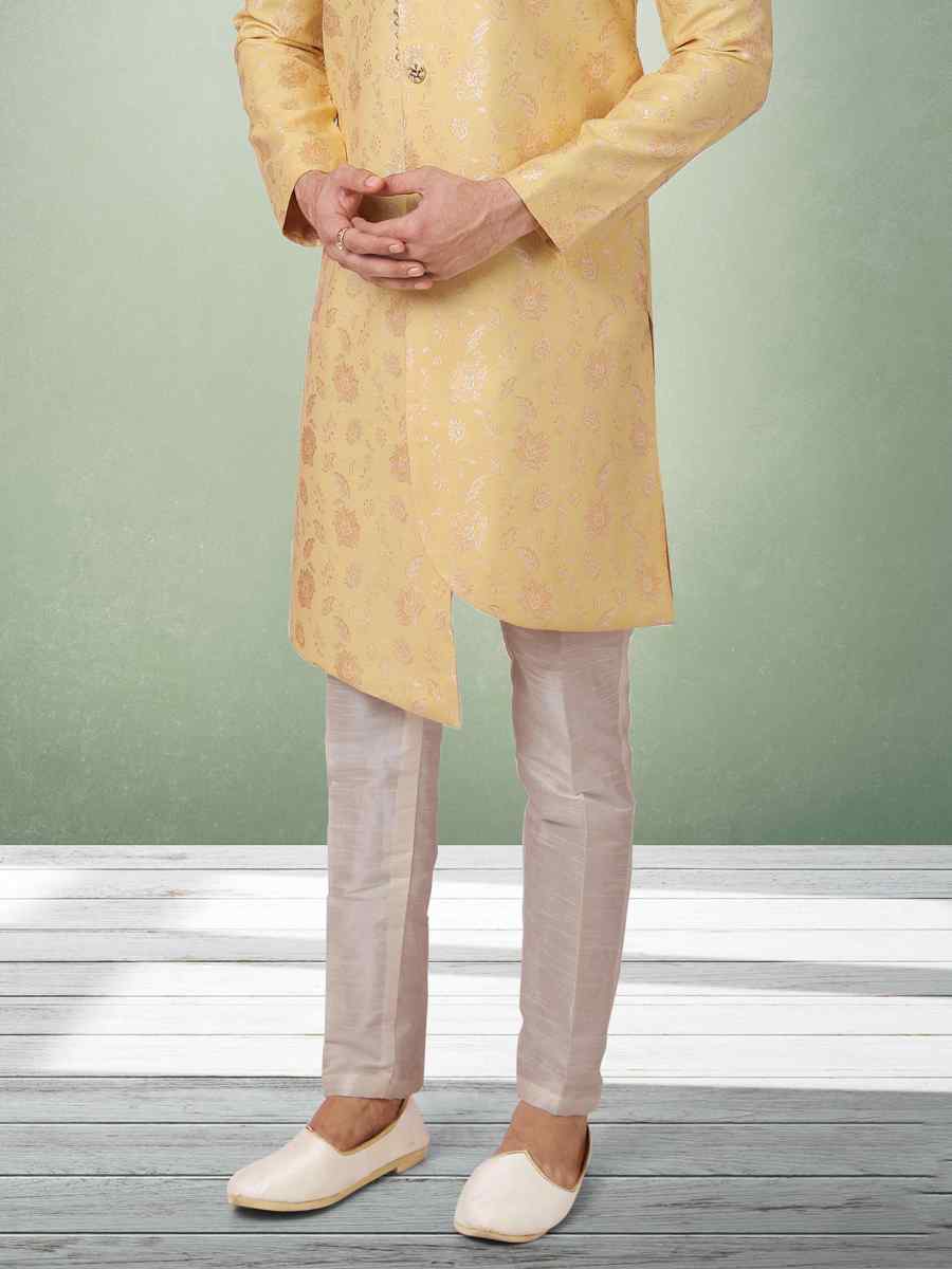 Yellow Jacquard Silk Brocade Plain Party Aligadhi Pant Sherwani