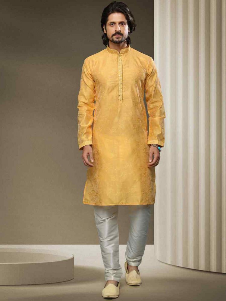 Yellow Jacquard Silk Brocade Woven Party Kurta