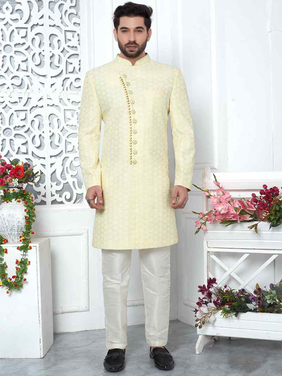 Yellow Jacquard Silk Embroidered Groom Wedding Sherwani