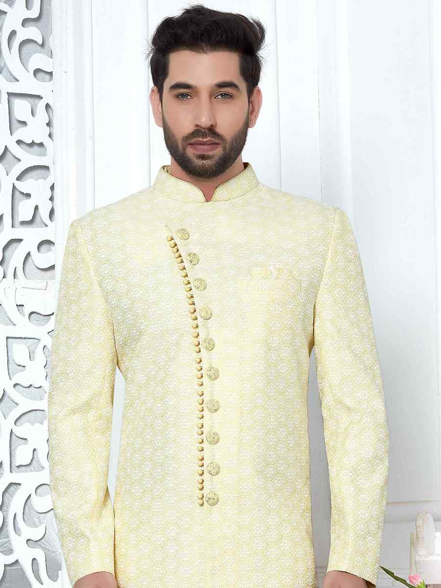 Yellow Jacquard Silk Embroidered Groom Wedding Sherwani