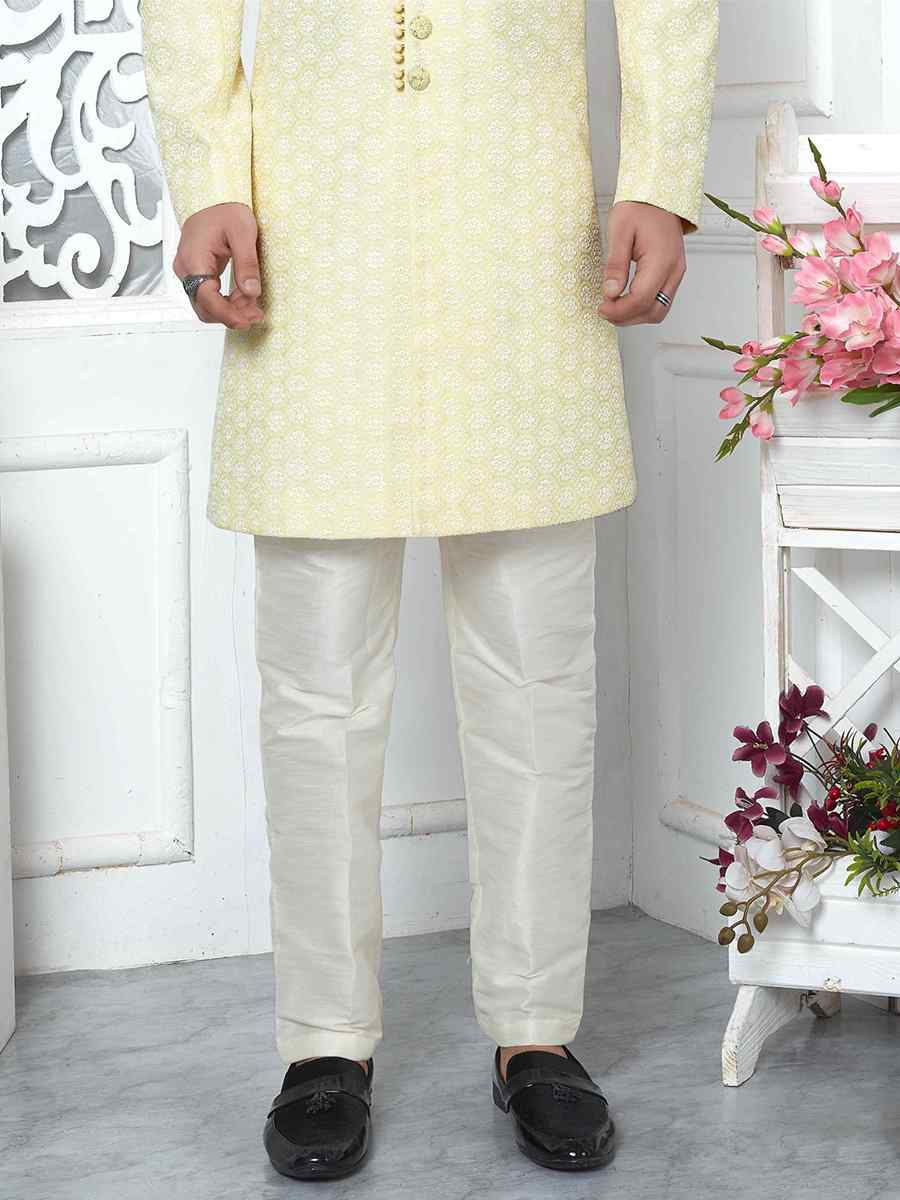 Yellow Jacquard Silk Embroidered Groom Wedding Sherwani