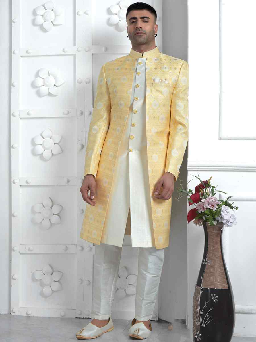 Yellow Jacquard Silk Embroidered Groom Wedding Sherwani