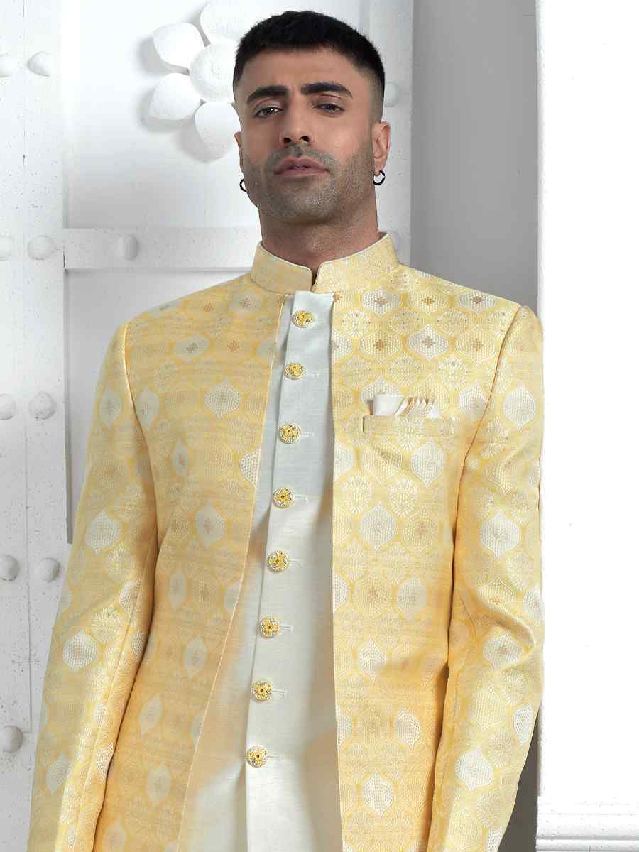Yellow Jacquard Silk Embroidered Groom Wedding Sherwani