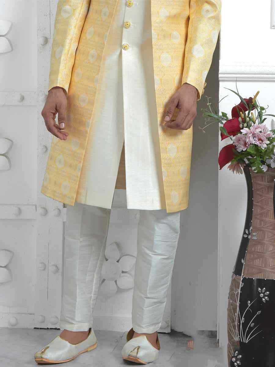 Yellow Jacquard Silk Embroidered Groom Wedding Sherwani