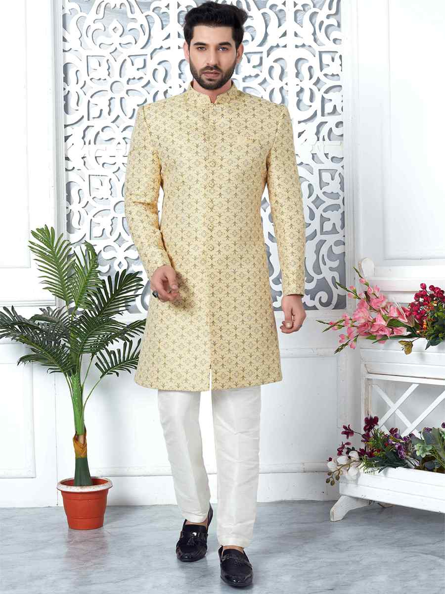Yellow Jacquard Silk Embroidered Groom Wedding Sherwani
