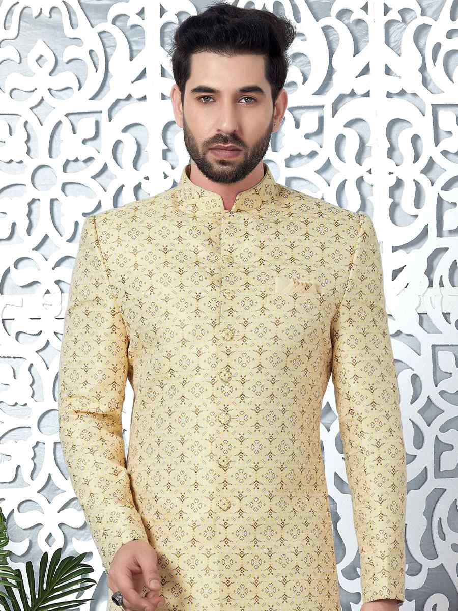 Yellow Jacquard Silk Embroidered Groom Wedding Sherwani