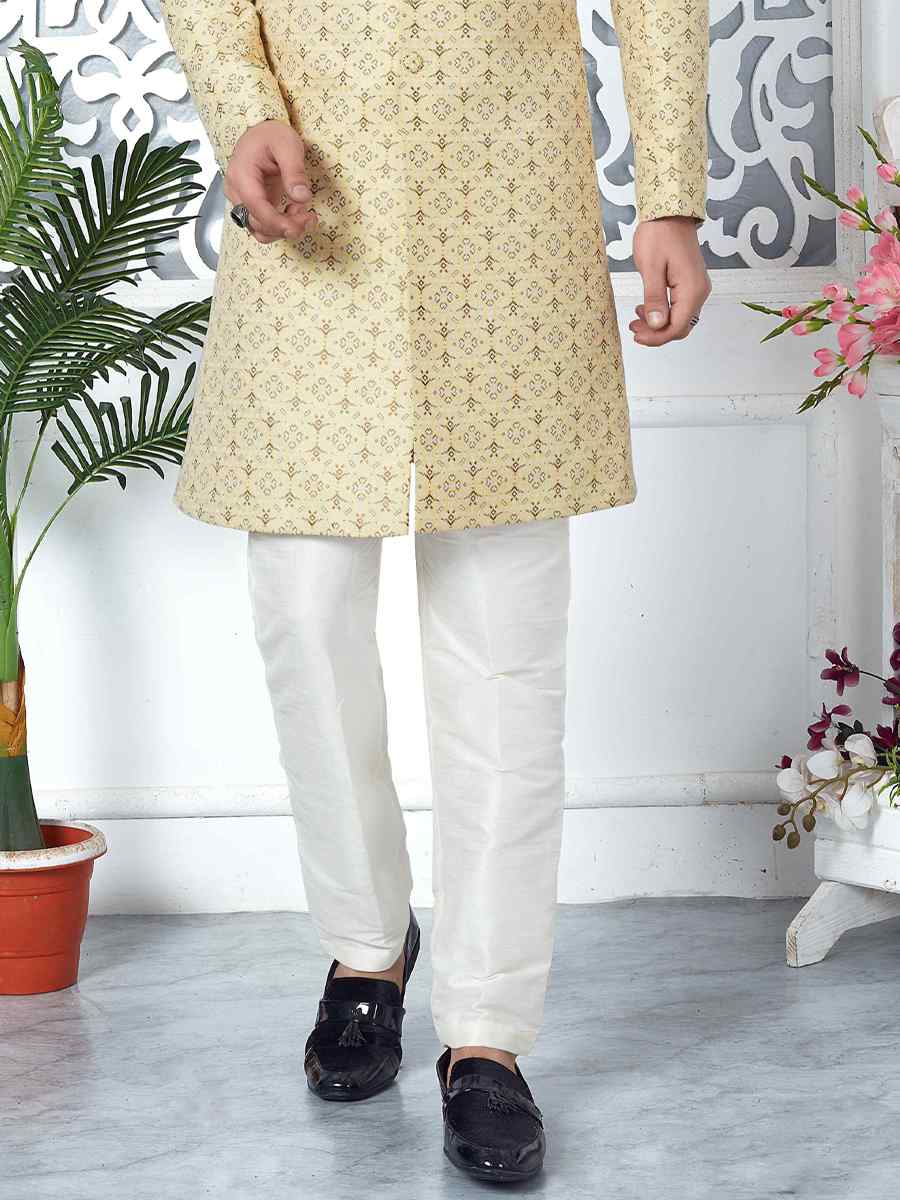 Yellow Jacquard Silk Embroidered Groom Wedding Sherwani