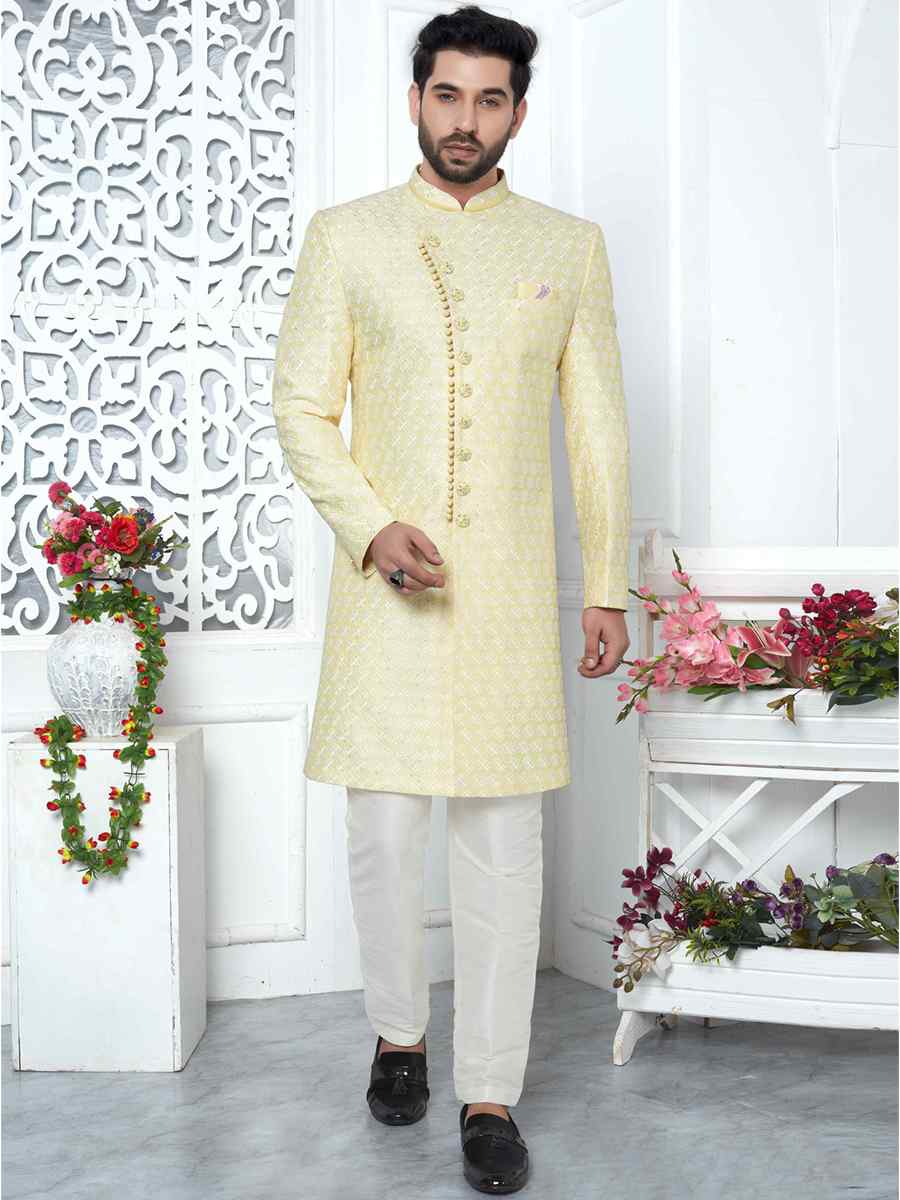 Yellow Jacquard Silk Embroidered Groom Wedding Sherwani