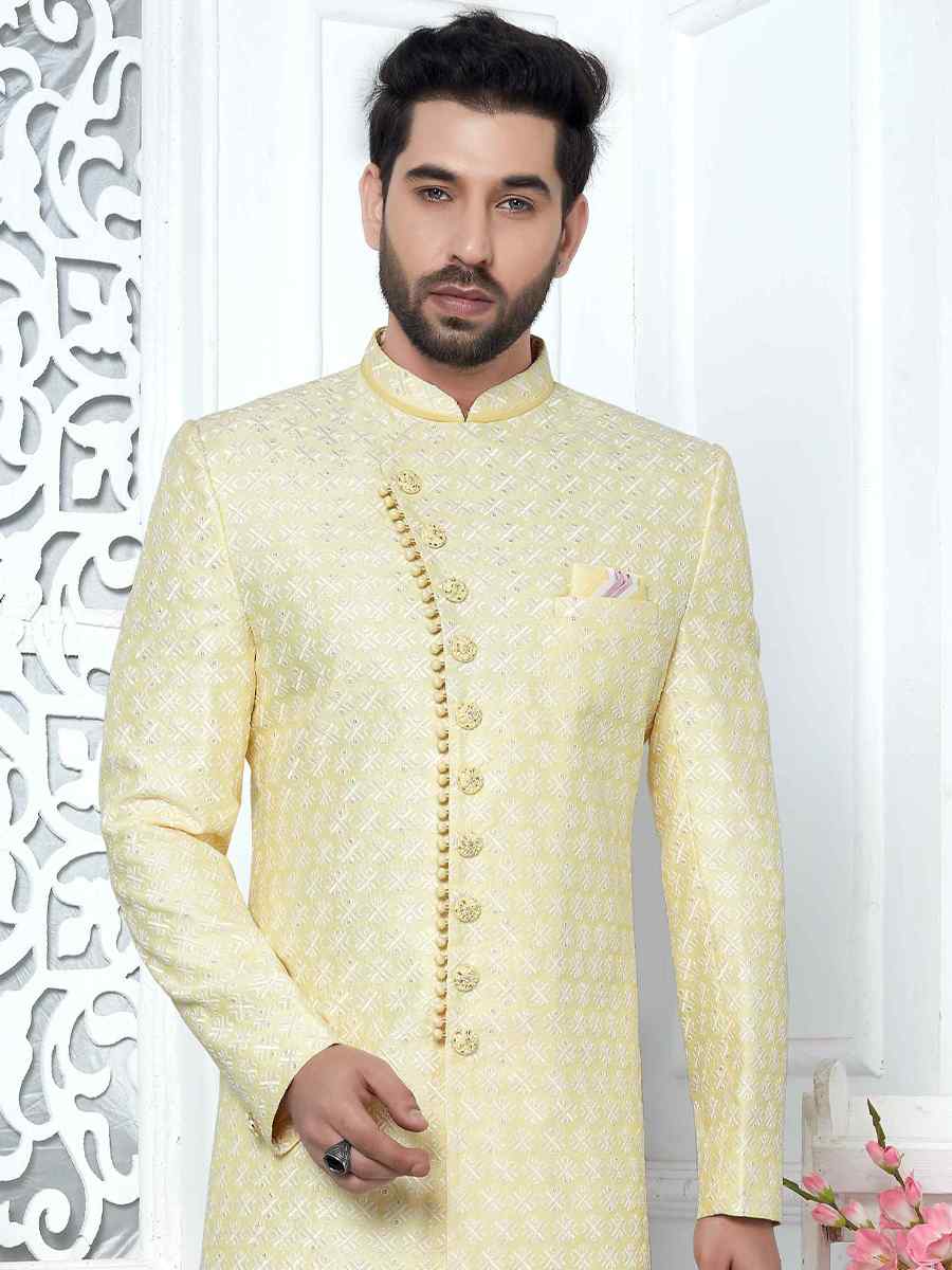 Yellow Jacquard Silk Embroidered Groom Wedding Sherwani