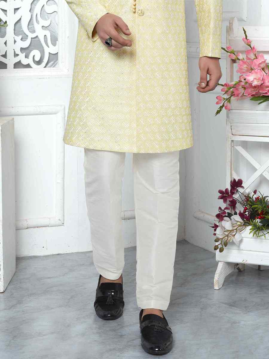 Yellow Jacquard Silk Embroidered Groom Wedding Sherwani