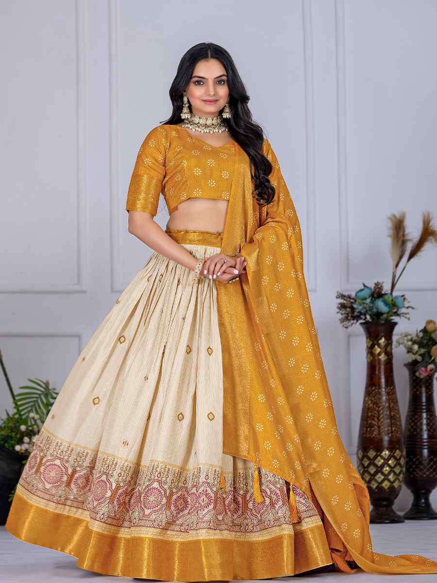 Yellow Jacquard Silk Printed Bridesmaid Wedding Heavy Border Lehenga Choli