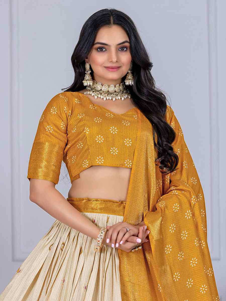 Yellow Jacquard Silk Printed Bridesmaid Wedding Heavy Border Lehenga Choli