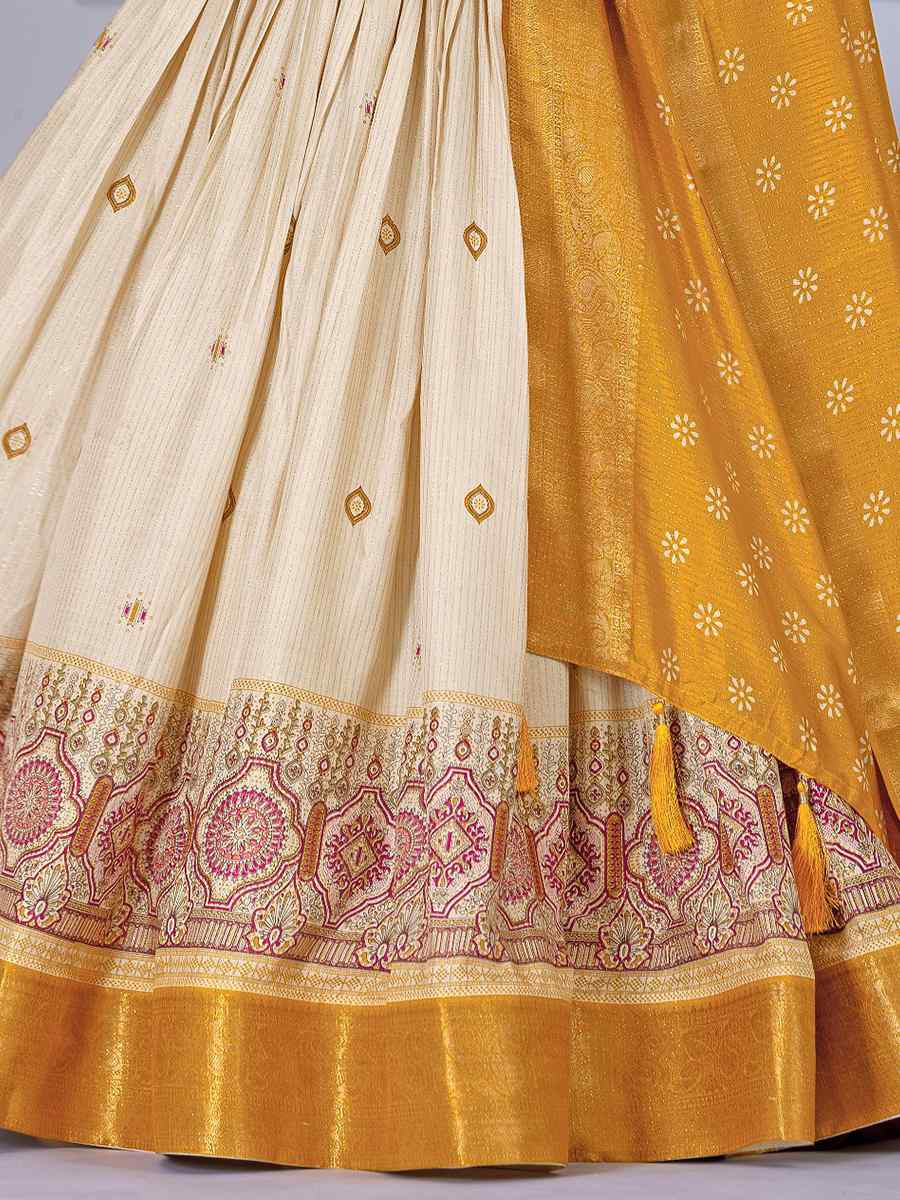 Yellow Jacquard Silk Printed Bridesmaid Wedding Heavy Border Lehenga Choli