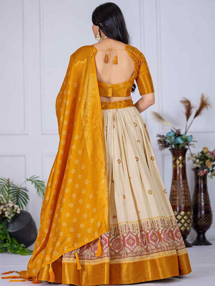 Yellow Jacquard Silk Printed Bridesmaid Wedding Heavy Border Lehenga Choli