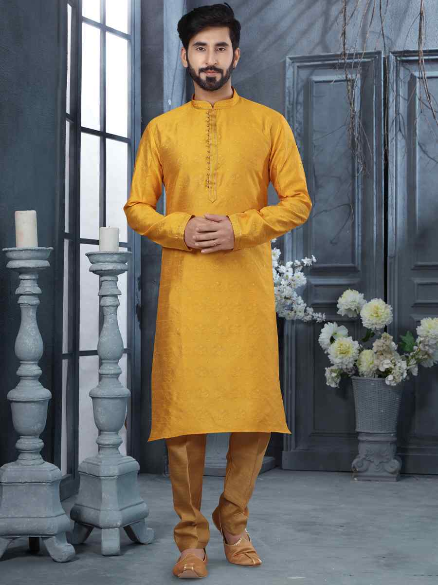 Yellow Jacquard Woven Festival Party Kurta