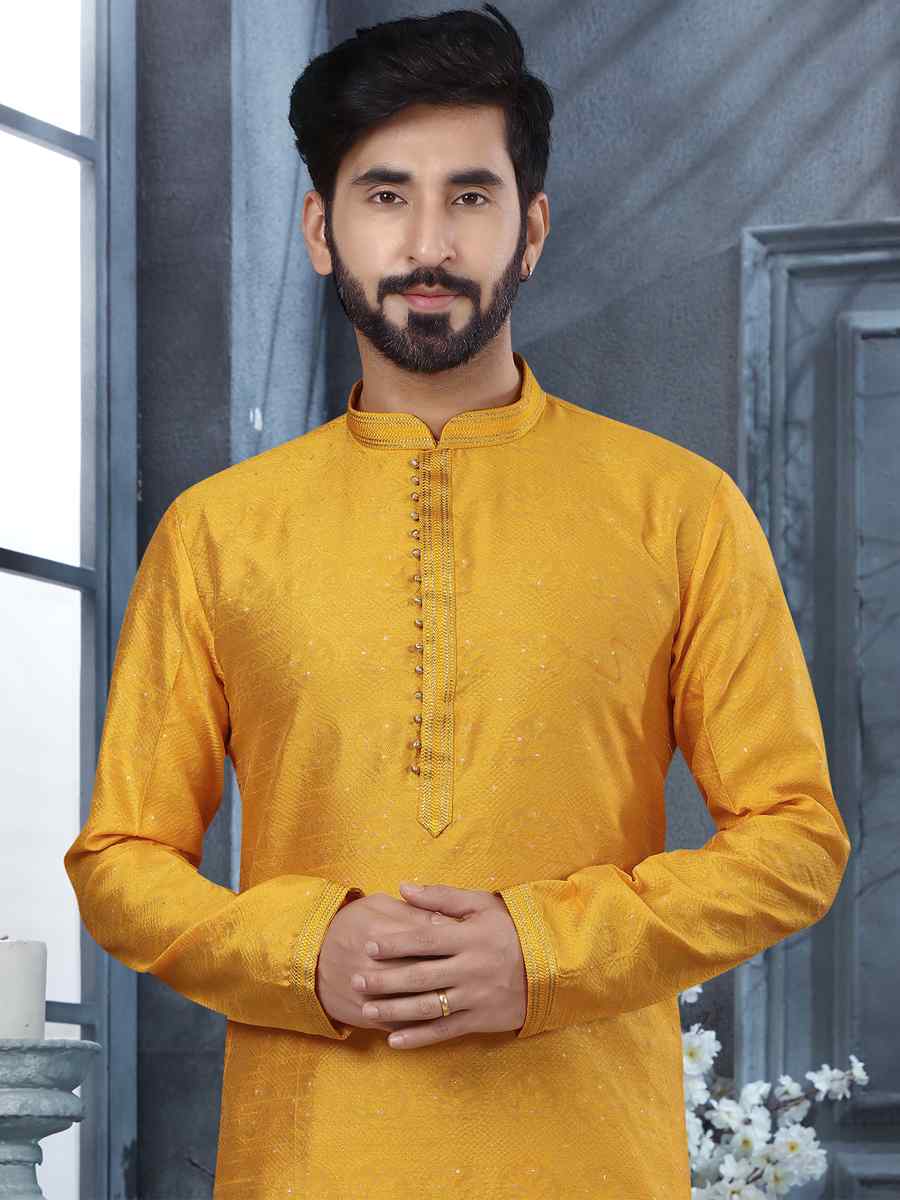 Yellow Jacquard Woven Festival Party Kurta