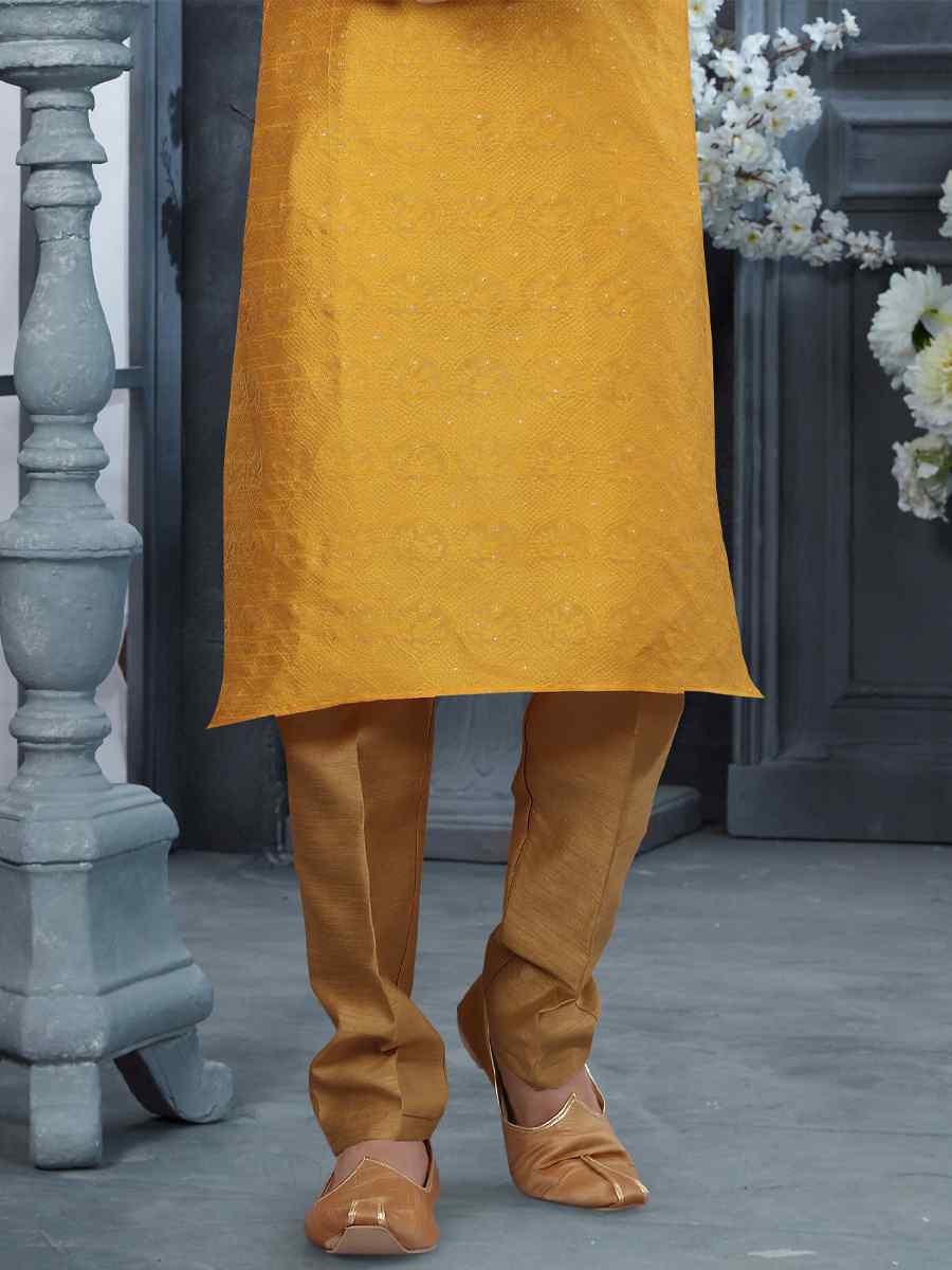 Yellow Jacquard Woven Festival Party Kurta