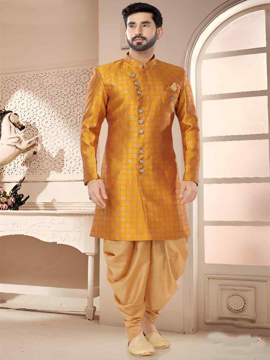 Yellow Jacquard Woven Festival Wedding Kurta