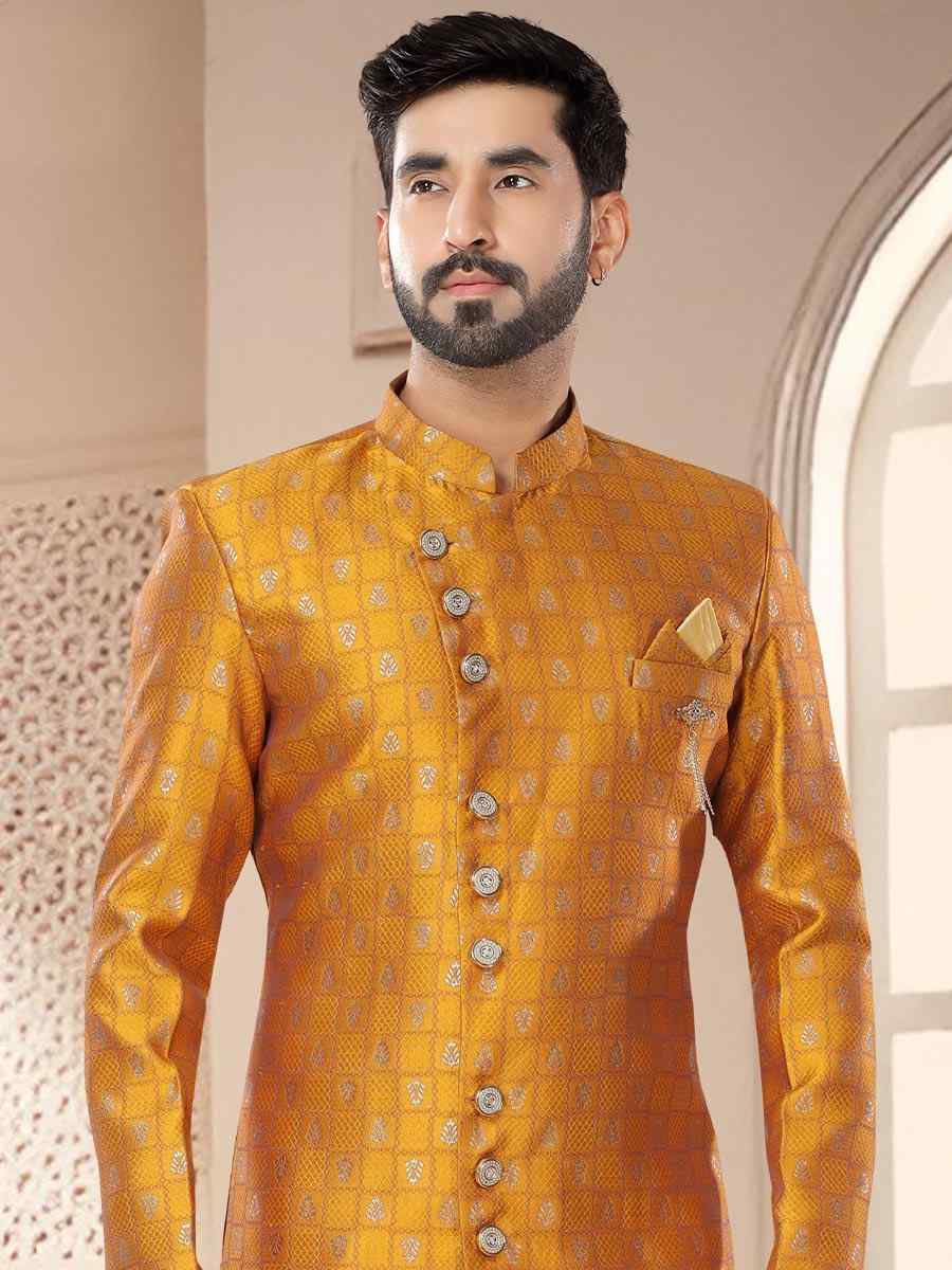 Yellow Jacquard Woven Festival Wedding Kurta