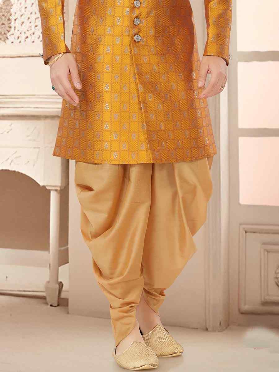 Yellow Jacquard Woven Festival Wedding Kurta