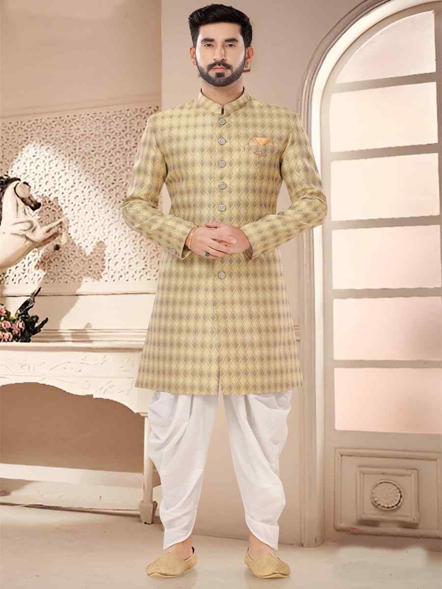Yellow Jacquard Woven Festival Wedding Kurta