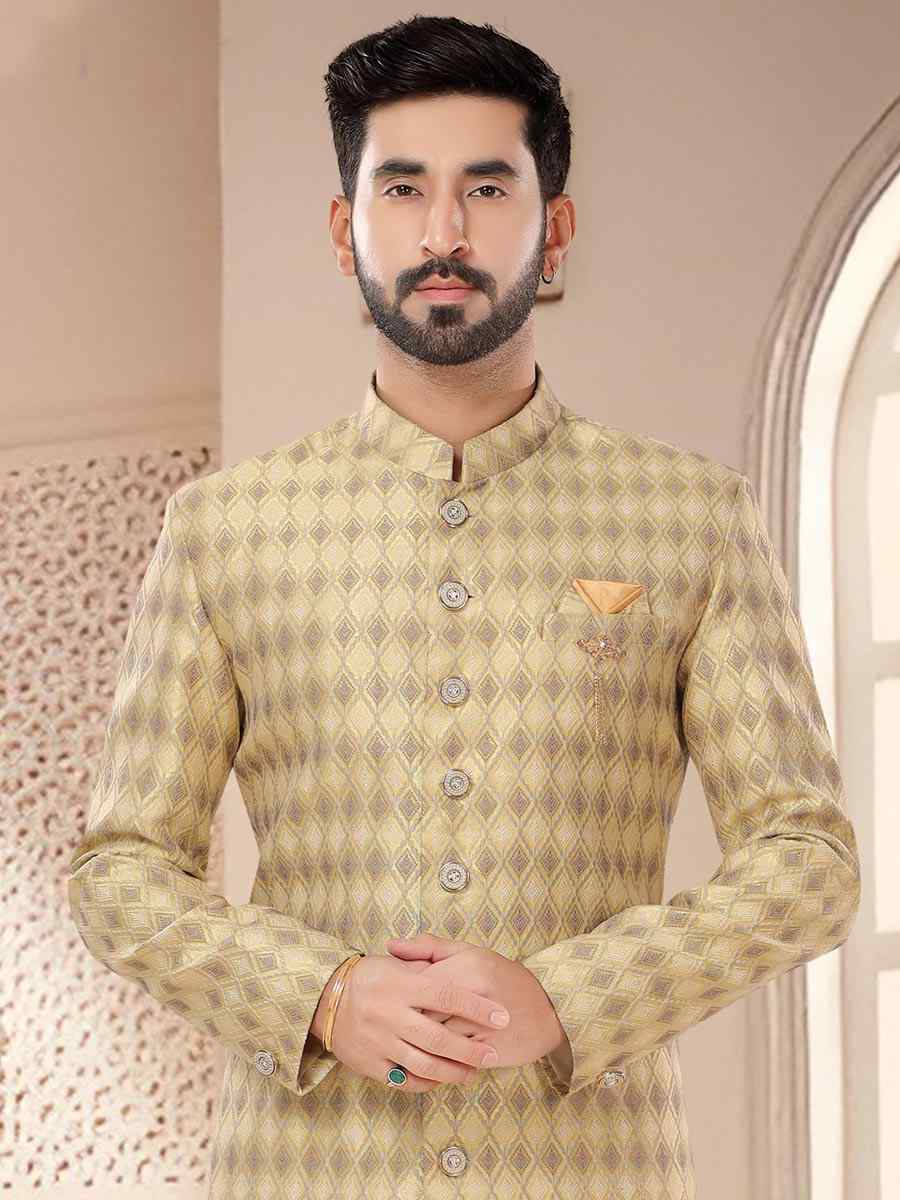Yellow Jacquard Woven Festival Wedding Kurta
